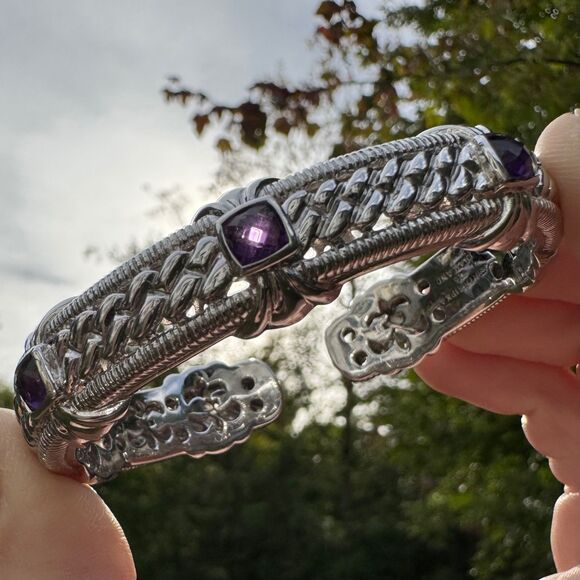 Vintage Judith Ripka Sterling Silver Amethyst Hinged Cuff Bracelet Rope Textured - Picture 15 of 17